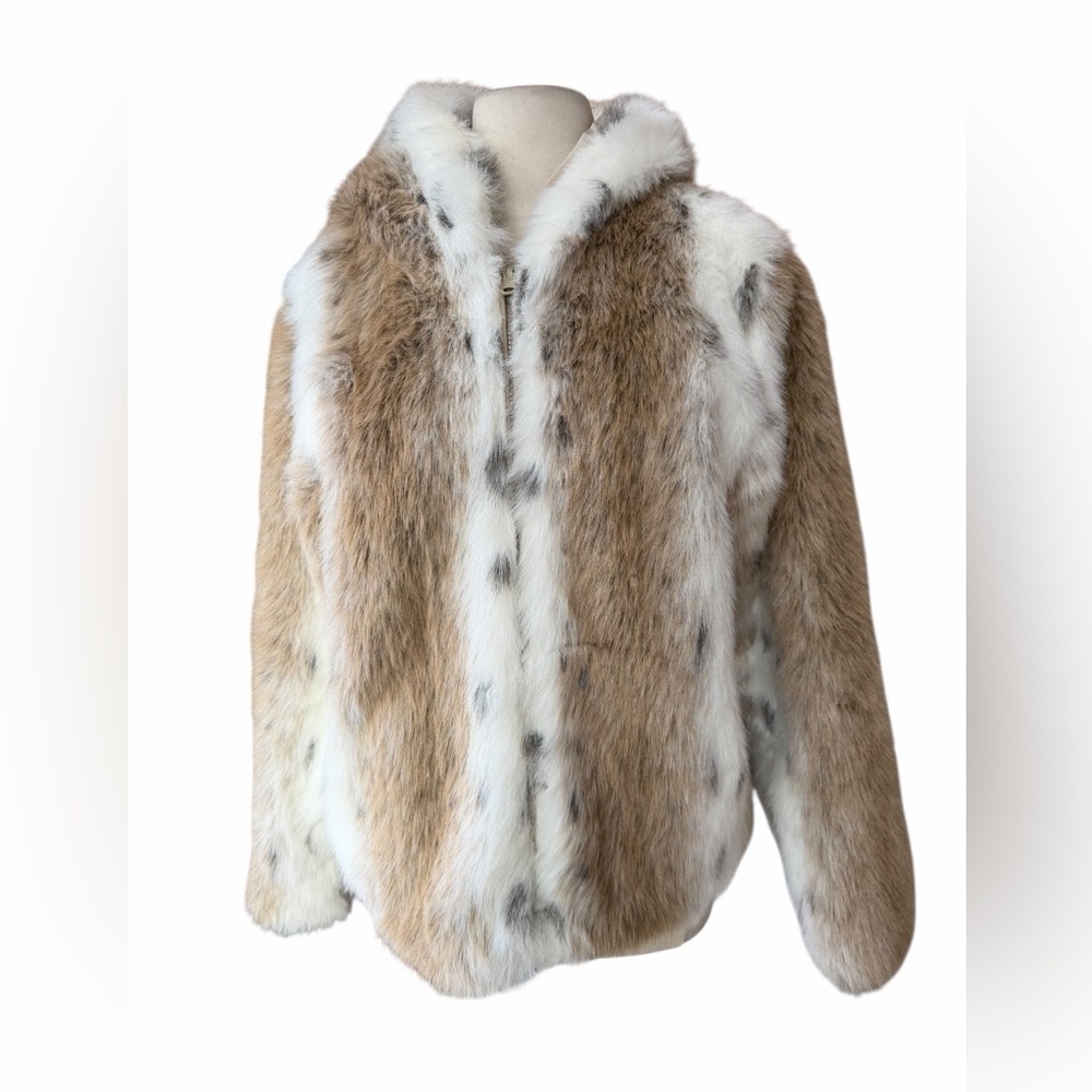 1990s/Y2K Reversible Faux Fur Lynx Animal Print Full Zip Hip Pockets Hooded Coat